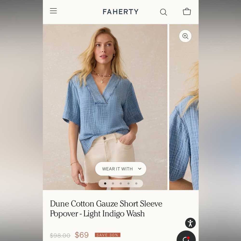 Faherty Cotton Gauze Light Indigo Short Sleeve Shirt